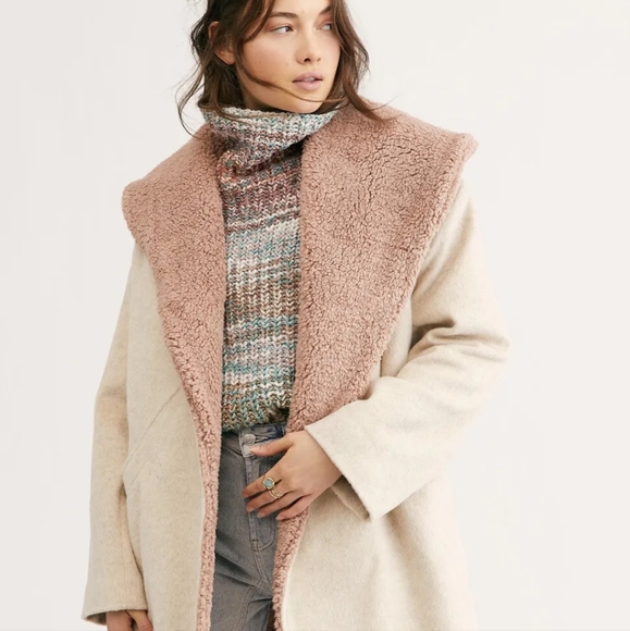 Free People Coco Cozy Coat Faux Fur Sherpa Lined Oversized Oatmeal Rose large - Picture 1 of 6